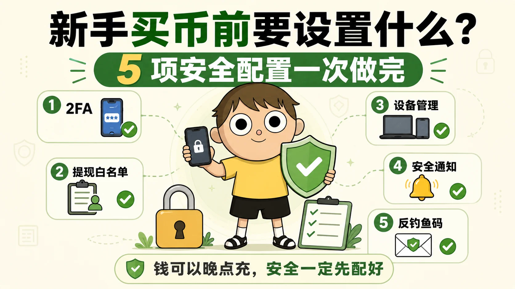 新手买币前要设置什么？5 项安全配置一次做完（封面）